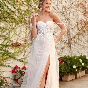 Off Shoulder Side Slit Boho Inspired Tulle A-Line Long Wedding Dress